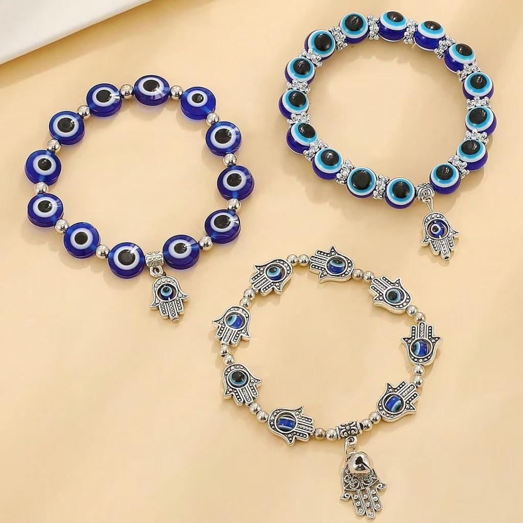 Blue Devil Eye Resin Bead Bracelet with Fatima Palm Pendant