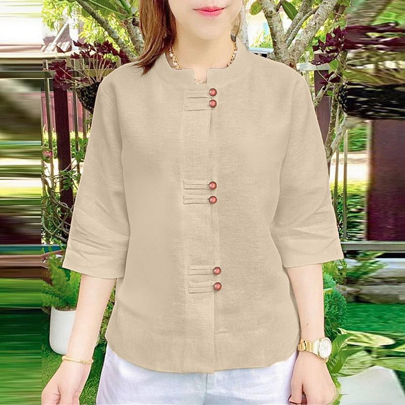 

ZANZEA Женская повседневная блузка в стиле ретро с воротником-стойкой и рукавами 3/4, однотонная