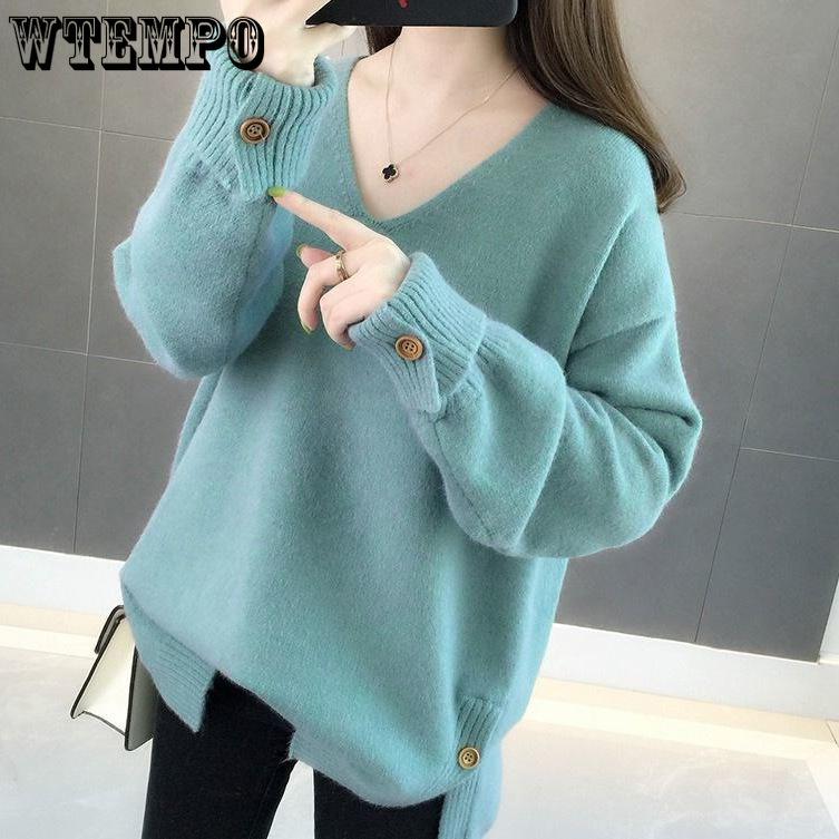 Autumn and Winter Women's V-neck Knitted Sweater Loose Button Solid Color Sweater for Women