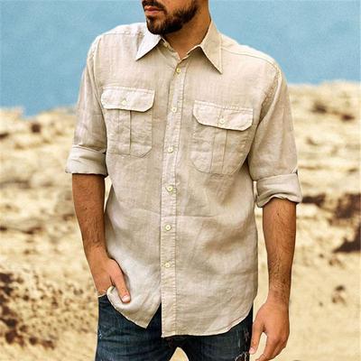 Camicia classica da uomo in cotone e lino, con doppia tasca, a maniche lunghe, casual, con risvolto, tinta unita, leggera, abbigliamento maschile alla moda