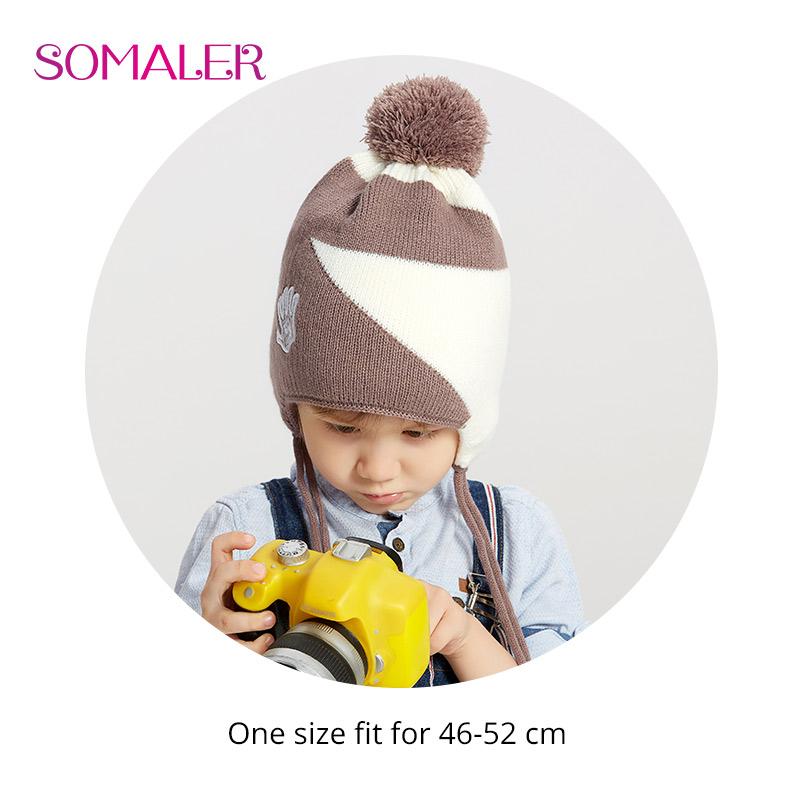 ENJOYFUR Boys Wool Pompom Hats For Winter Warm Geometric Cotton Kids Beanies Thick Knitted Ears Boys Cap