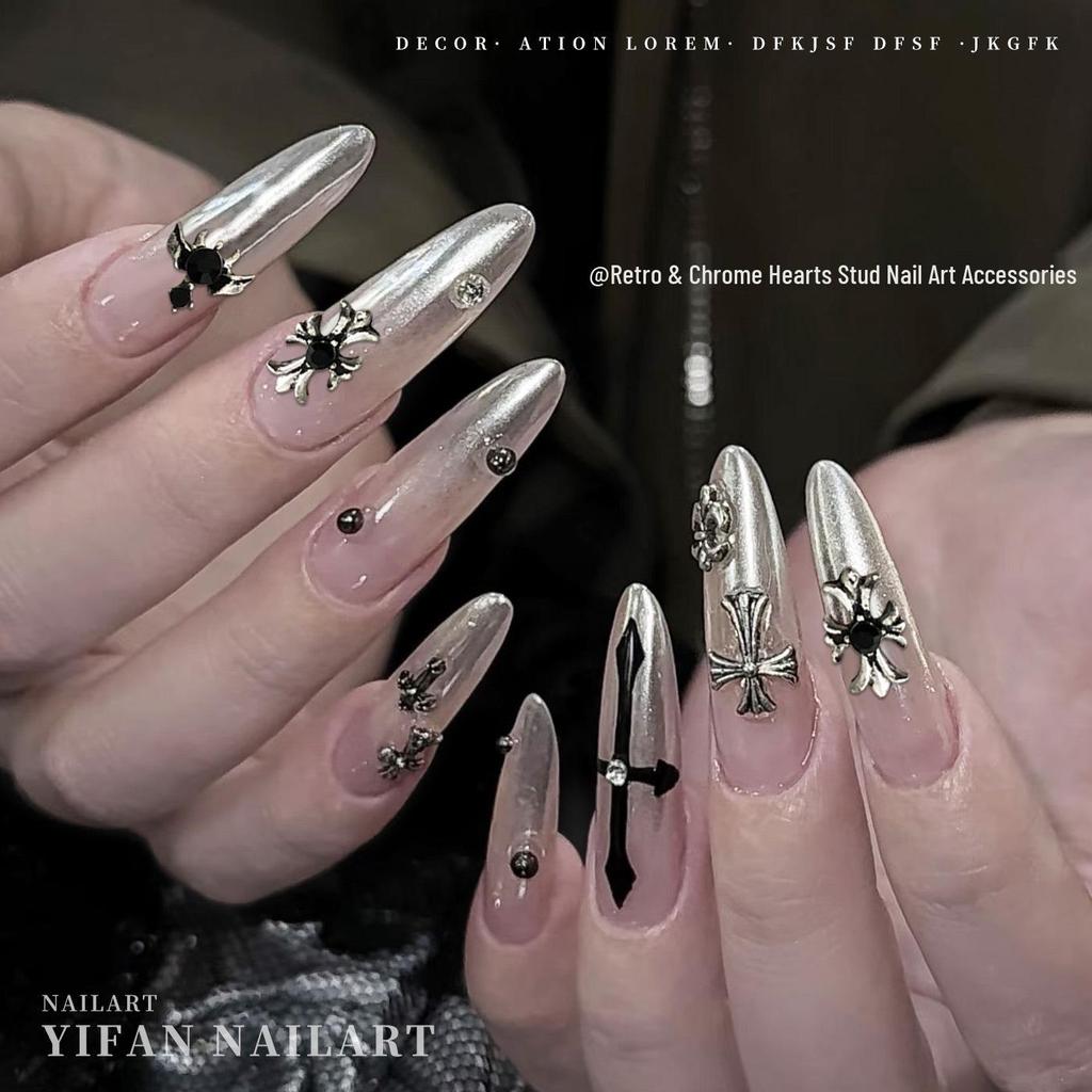 Dark Chrome Heart Nail Accessories: Rhinestone Cross, Star & Moon Alloy Gems
