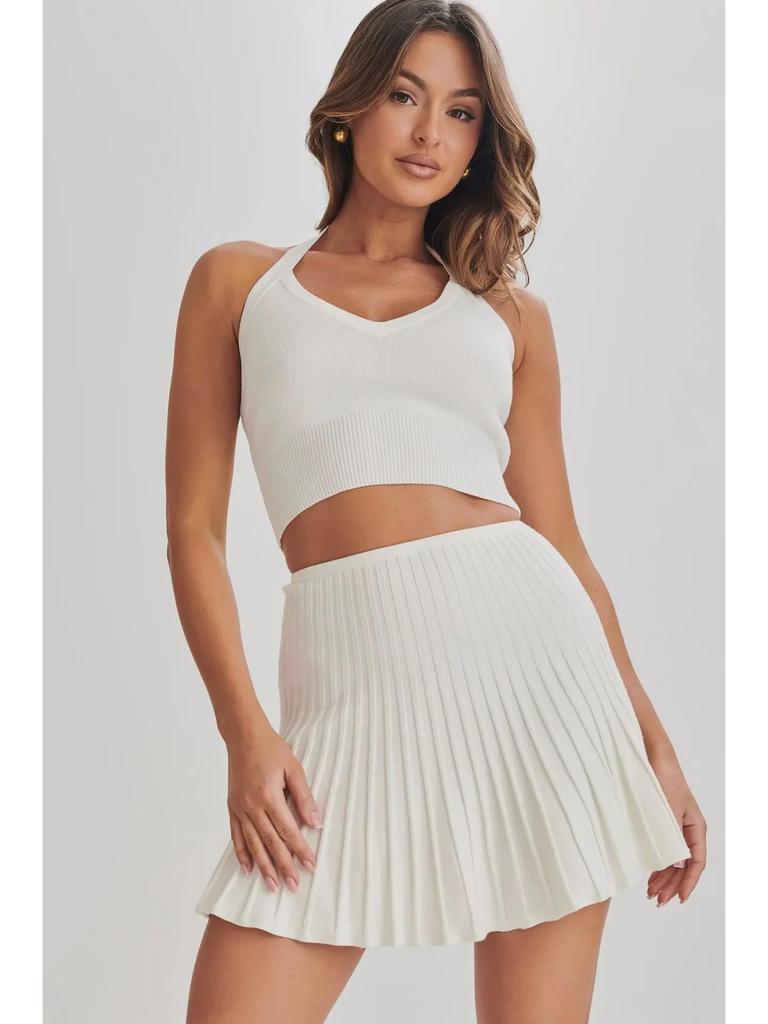 European & American Trendy Women's Halter Neck Backless Vest & High Waist Pleated Skirt Two-Piece Set for Spring