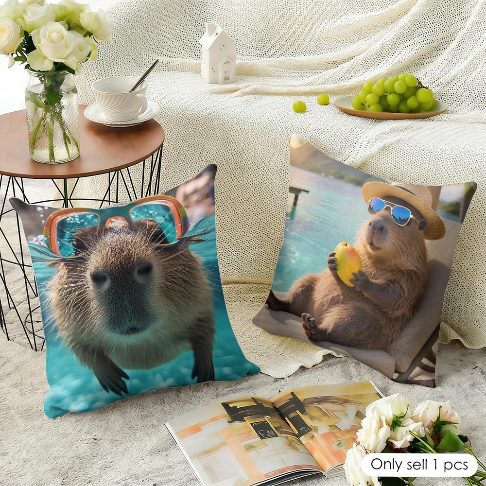 Cute Anime Capybara Cushion Cover Natural Linen Organic Fabric Double-Sided Printing Breathable Perfect For Home Decor