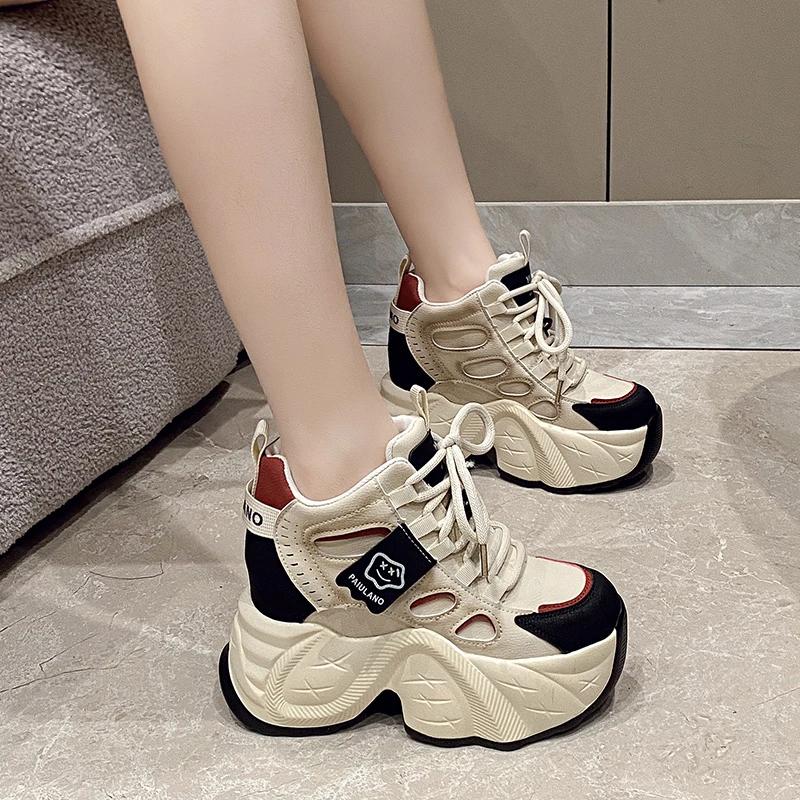 Mode Nieuwe Dames Herfst Lente Chunky Sneakers Veters Platform Sportschoenen Vrouw Dikke Zool Hoge Hakken Vrouwelijk 10CM Wedges Sneakers