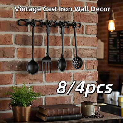 Vintage Cast Iron Utensil Wall Decor Spoon Fork Wall Hanging Rustic Kitchen Diner Farmhouse Wall Art with 4 Hooks Chef Gift