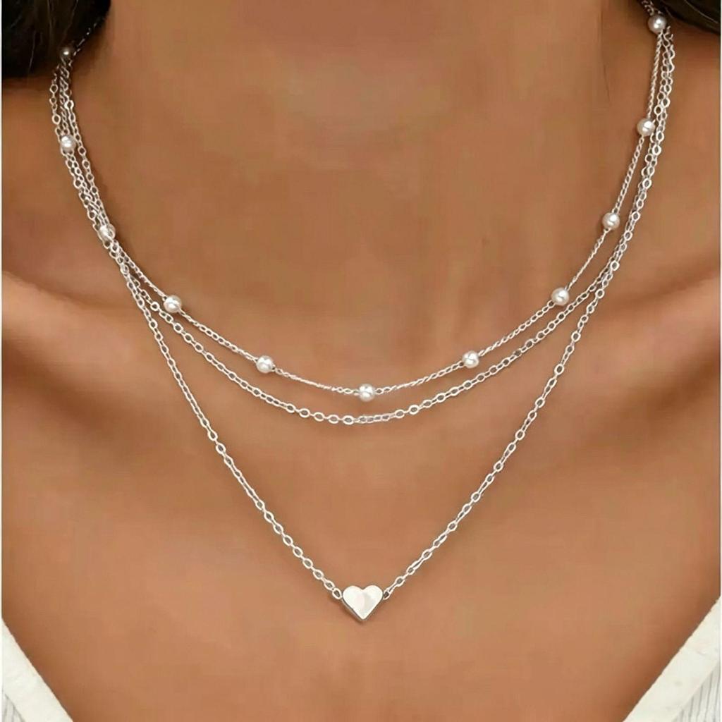 Vintage Pearl Heart Multi-layer Pendant Necklace - Women's European & American Choker