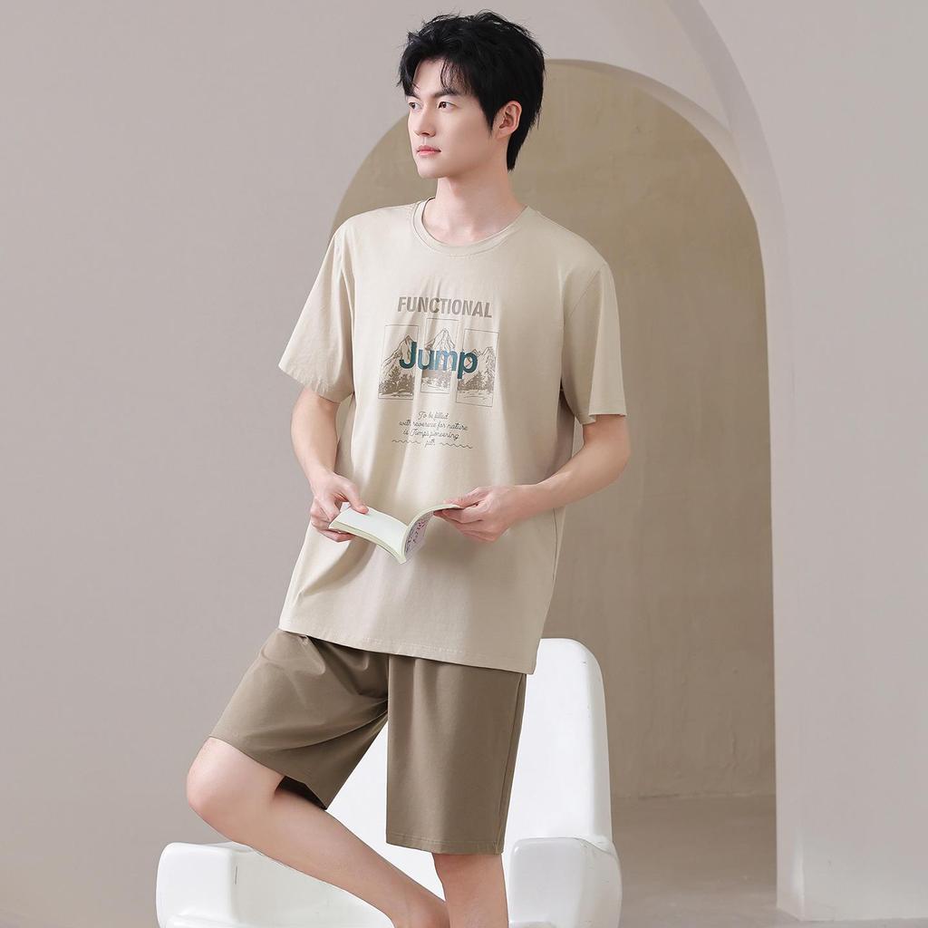 Men's Plus Size Cotton Summer Pajama Set - Thin Short-Sleeved Top & Shorts, Round Neck, Casual & Comfortable for Indoor/Outdoor Wear