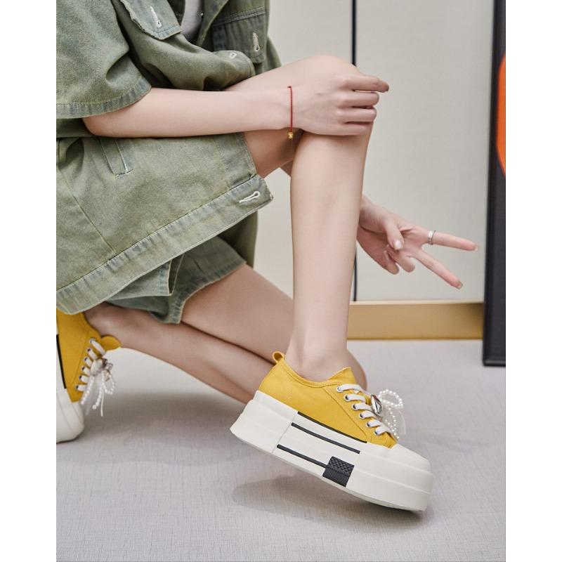 Canvas Shoes Women's Platform Muffin Shoes Summer New Versatile Round Head Lace-up Casual Shoes Breathable Single Shoes