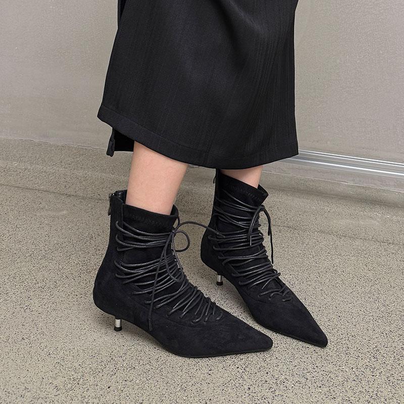 Fashion Fashion Pointed Toe Lace Up Ankle Boots Women High Quality Faux Suede Kitten Heel Designer Boot Comfort Back Zipper Modern Boots