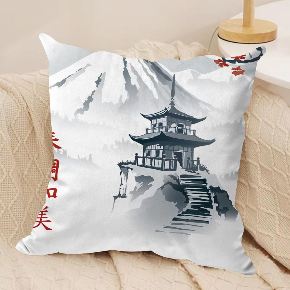 Japanese Pagoda Landscape Cushion Cover Plush Fabric Soft DoubleSided Printed Sofa Warm Winter Home Gift Pillow Cover