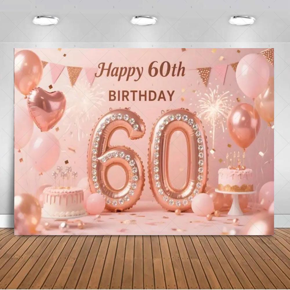 60 Years Old Backdrop Supplies Gold Pink Balloons Glitter Background Banner 60th Birthday Party Decorations Photography Props