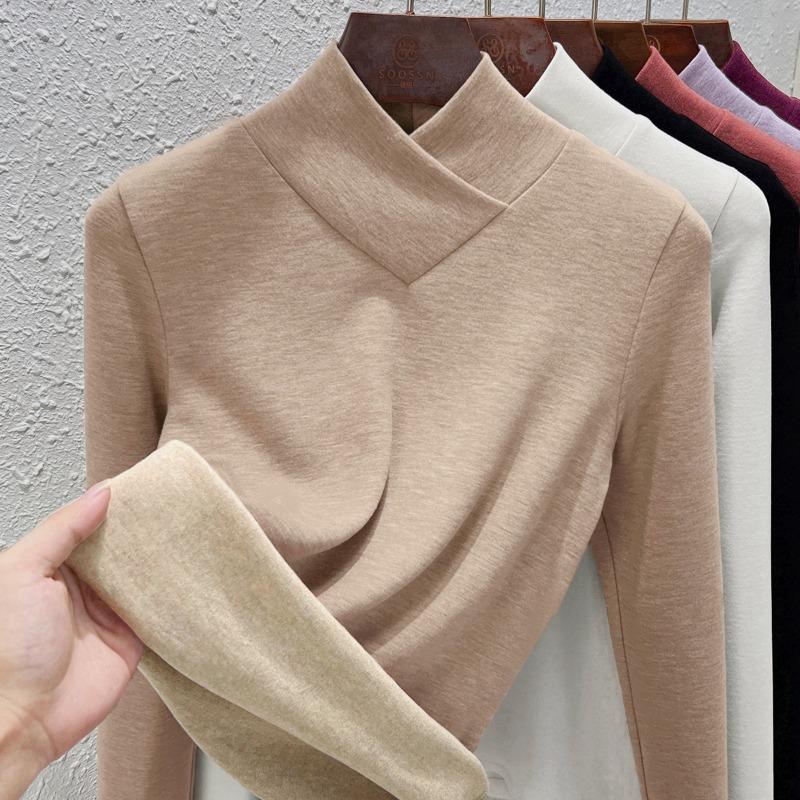 Stacked Collar Warm Fleece Bottoming Shirt Women's Autumn and Winter New Semi-turtleneck Long-sleeved Fleece Warm Silk Cashmere Top