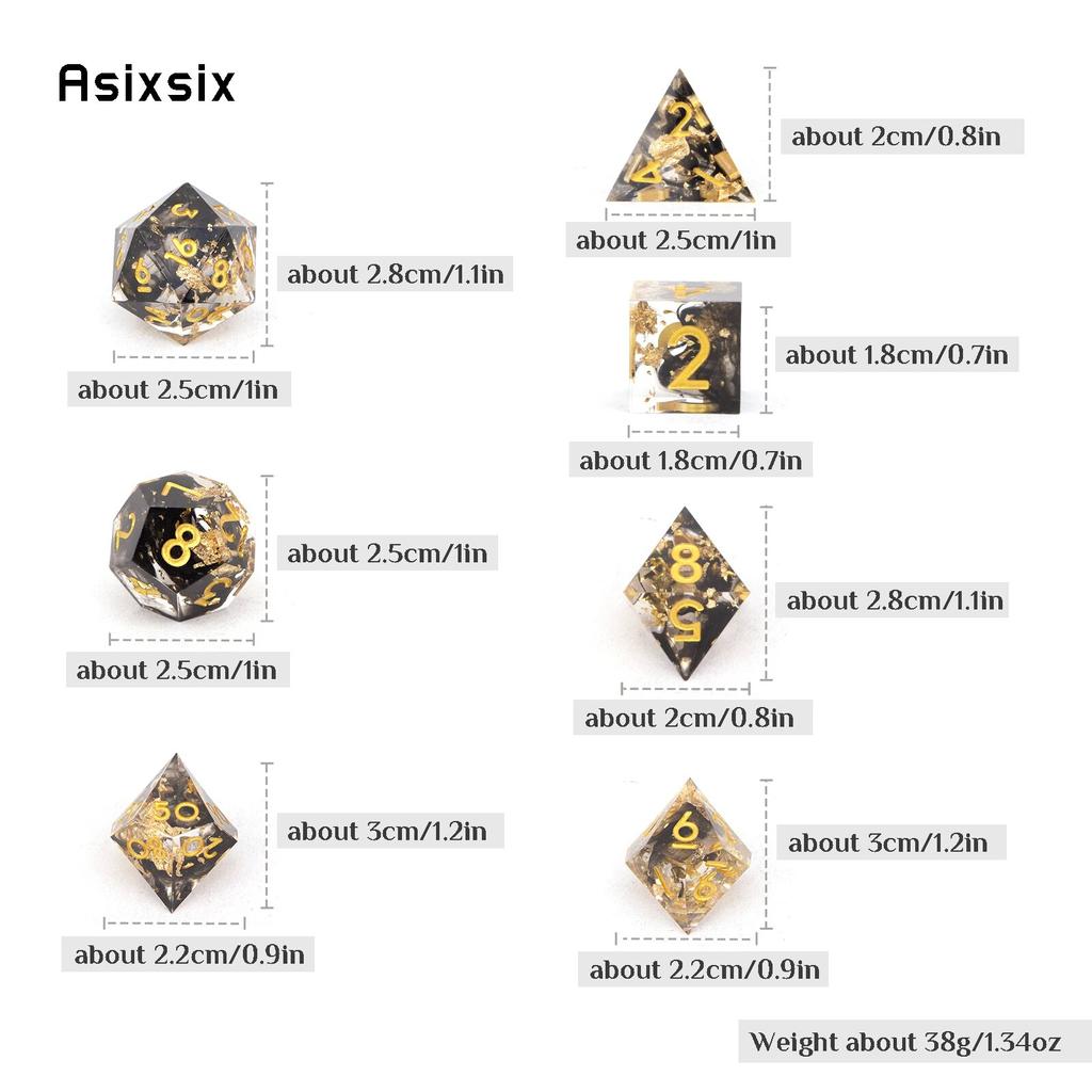 7 Pcs Black Golden Number Sharp Edge Resin Dice Polyhedral Dice Suitable for Role-Playing RPG Board Game