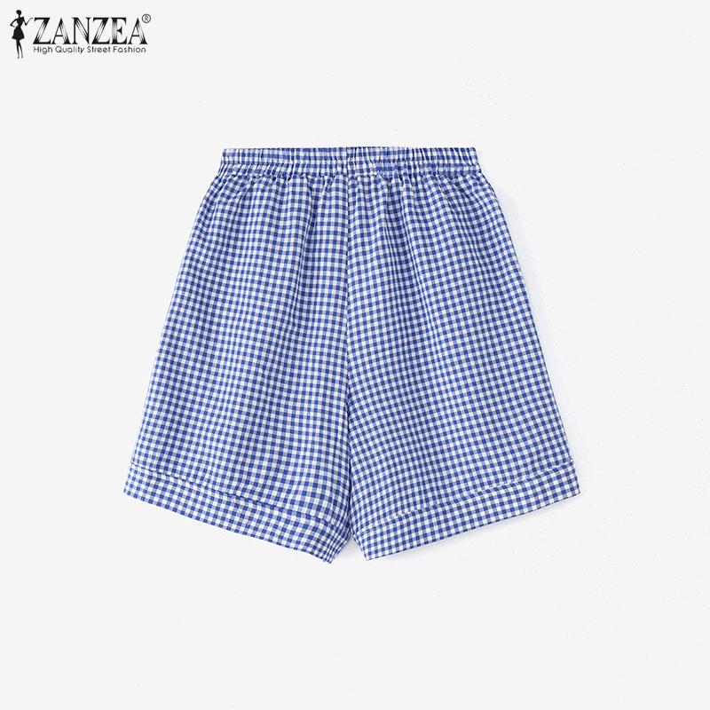 ZANZEA Women Casual Elastic Waist Loose Plaid Print Summer Shorts