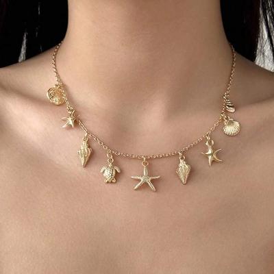 1pc Colar Pingente Estrela-do-Mar, Concha, Tartaruga Aleatório Estilo Boêmio, Adequado para Férias na Praia, Viagem, Festa, Jantar