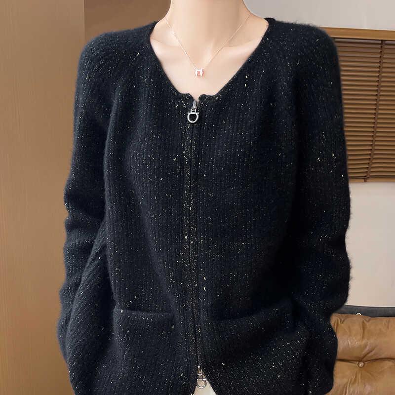 Women's Double Zipper Wool Cardigan - Silk-Cashmere Blend, Long-Sleeved, with Pockets