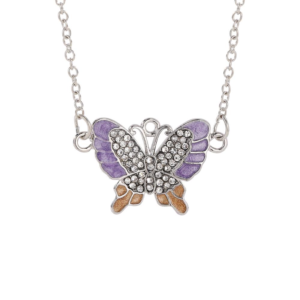 Funny Pink Purple And Crystal Butterfly Pendant Necklace For Women Girls Chain Jewelry 45cm
