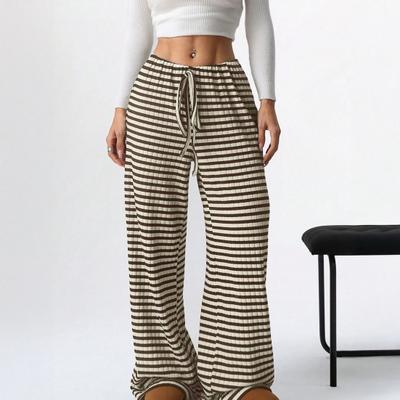 Yousheng Women Pants Casual Wide Leg Trousers Elastic Waist Adjustable Drawstring Striped Design Loose Fit Trousers Daily Wear