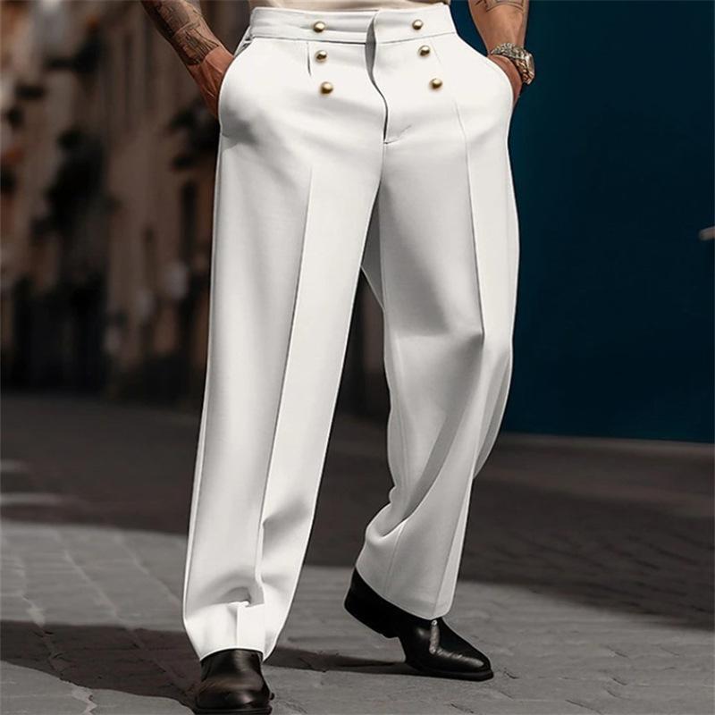 

Men s High Waist Wide Leg Pants with Gold Buttons, White Casual Trousers S білий