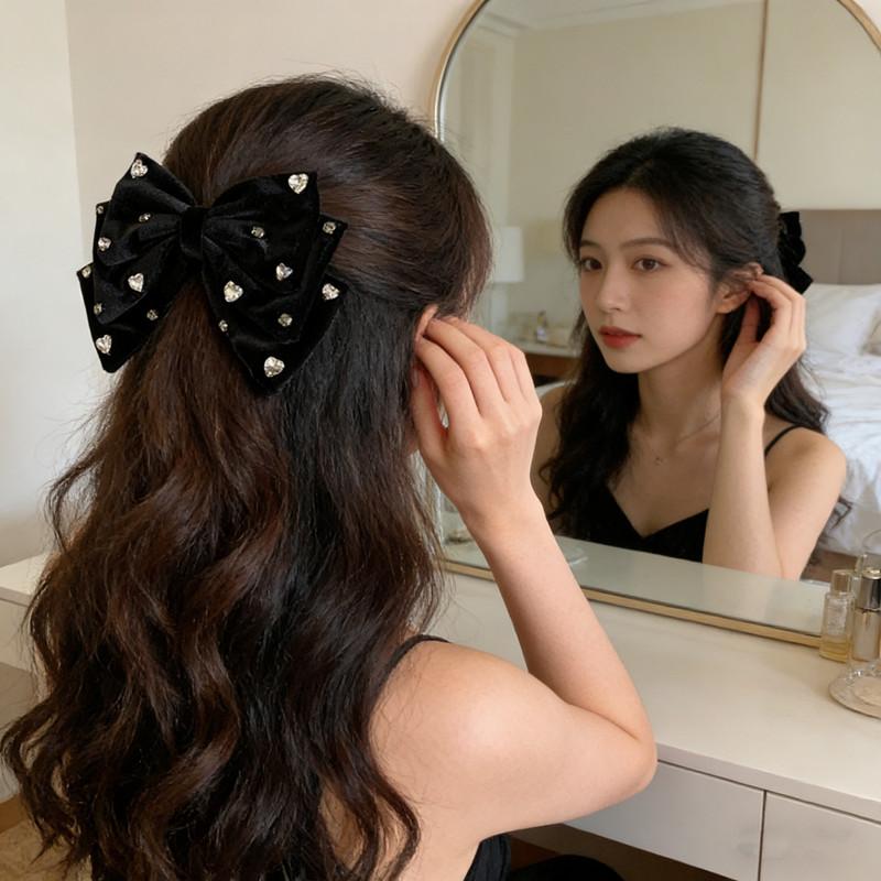 Elegant French Bow Rhinestone Hair Clip For Women Black Adorned Hairpin With Large Statement Bow Sparkling Hair Accessories
