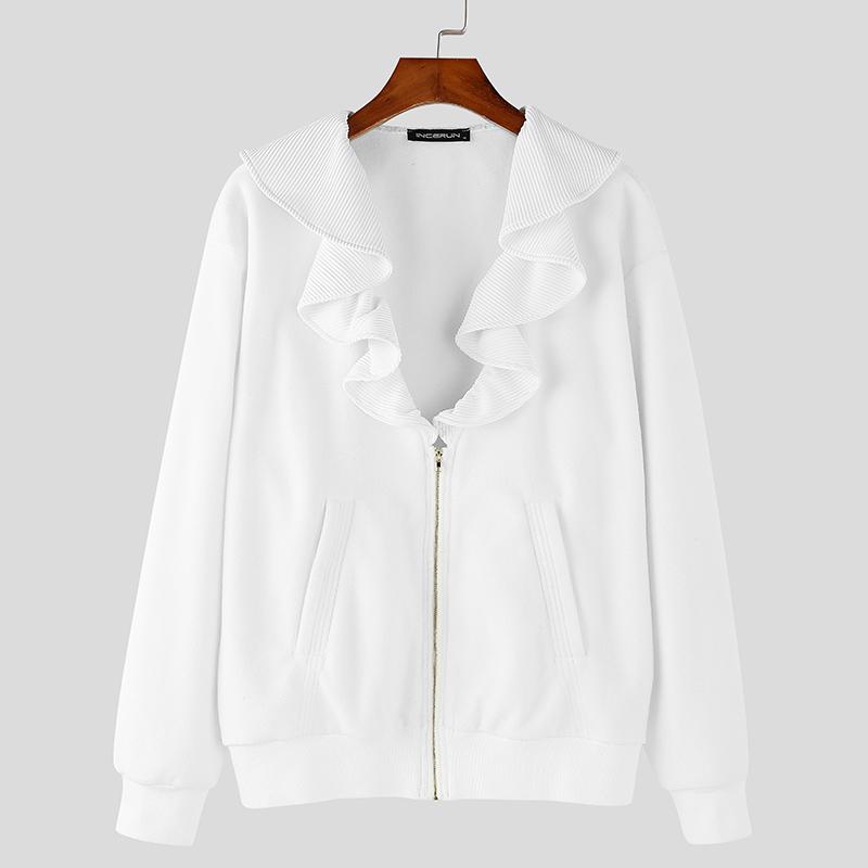 

INCERUN Мужские куртки и пальто с оборками на лацканах, с длинным рукавом и на молнии, повседневные XL белый