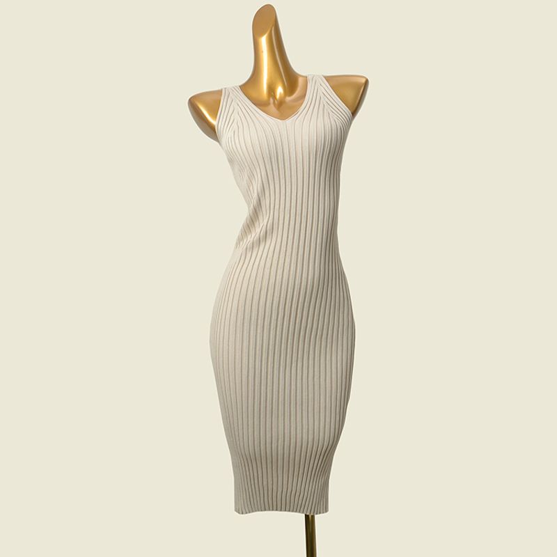Export Foreign Trade Cut the Tag Off Double V-neck Sunken Stripe Vest Skirt Western Style Slim Fit High Elastic Solid Knitted Sheath Dress