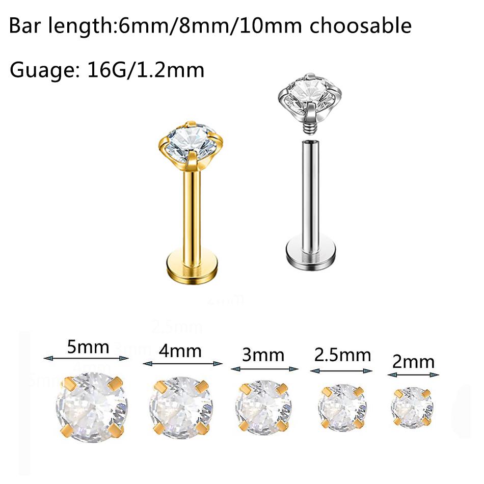 1pcs ASTM F136 Titanium Labret Piercing 2/3/4/5mm Zircon Ear Cartilage Tragus Lobe Helix Stud Earrings Piercings Body Jewelry