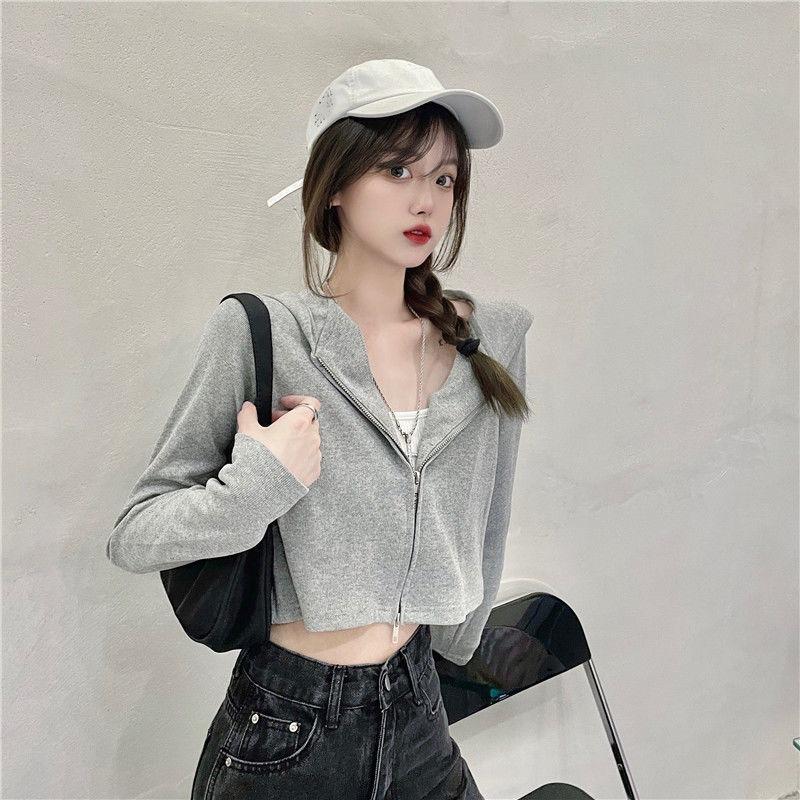 

Реальное фото однотонный короткий свитер женский новый кардиган с капюшоном на молнии топ куртка 2XL серый