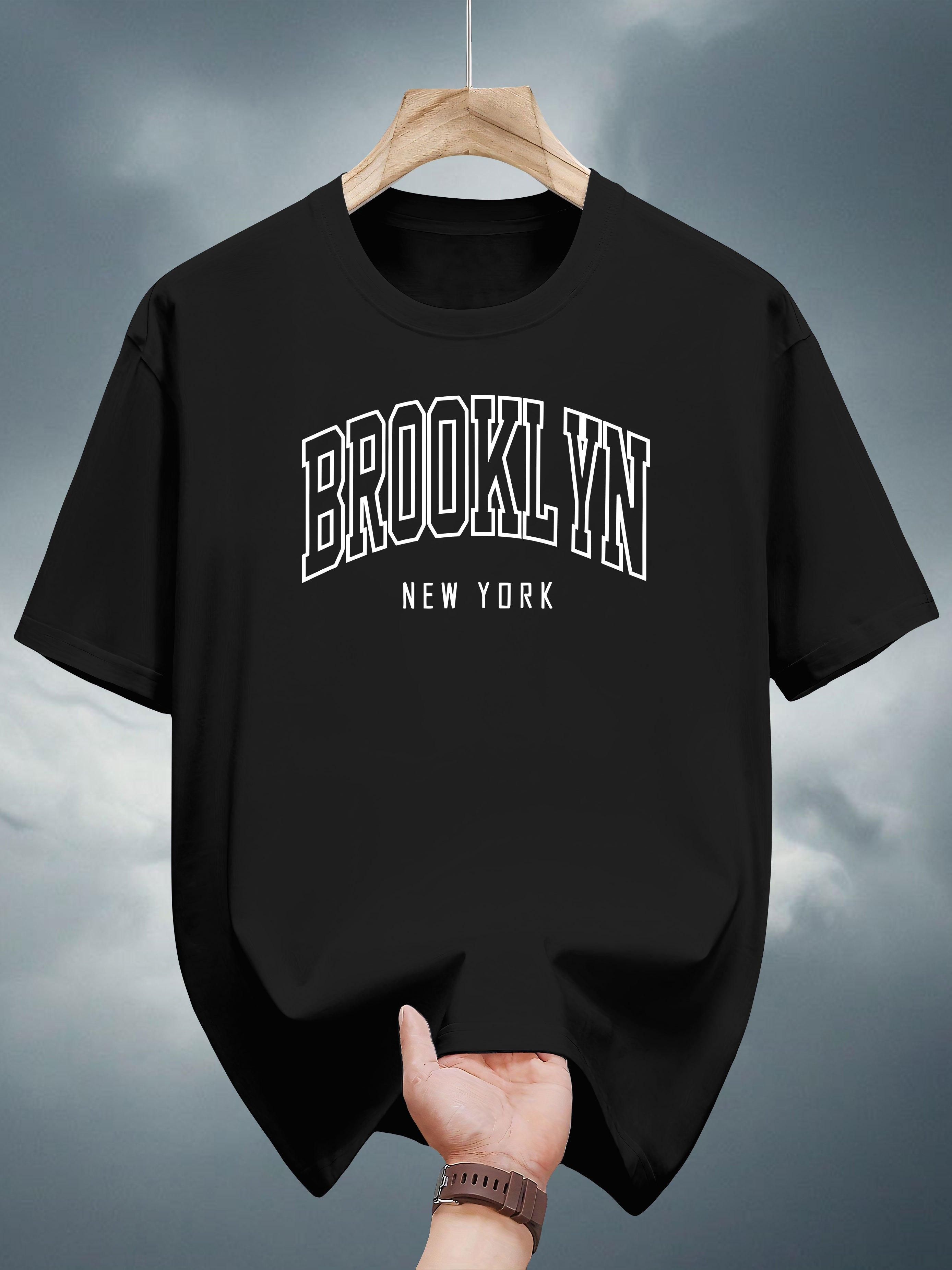 200g 100% Cotton Short Sleeve T-shirt with Brooklyn New York Graphic Print - Black Casual Summer Tee L