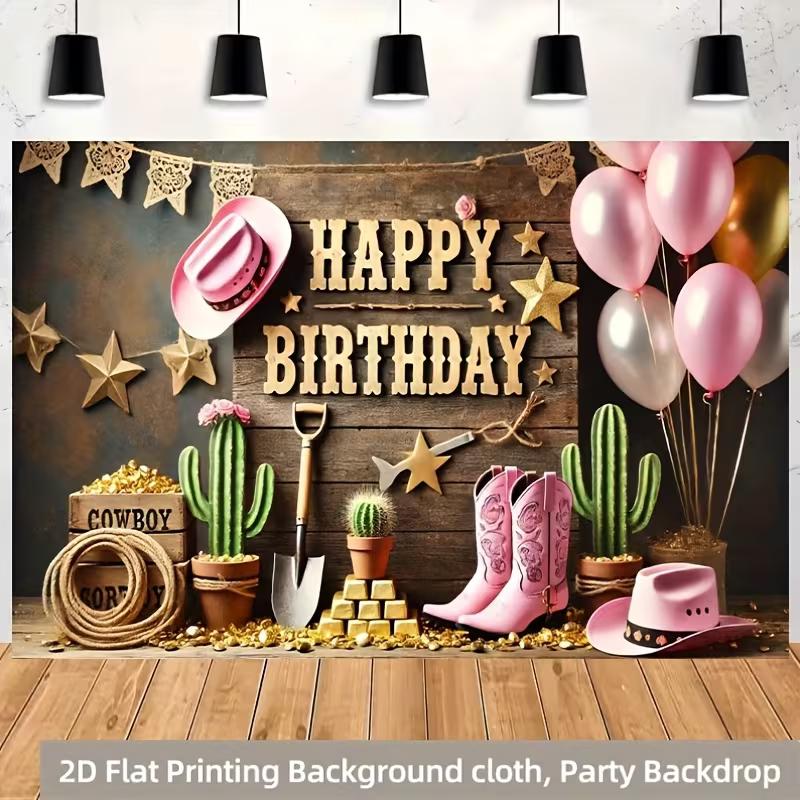 2D Cowgirl Happy Birthday Photography Backdrop, Rustic Wood & Cactus Themed Party Banner