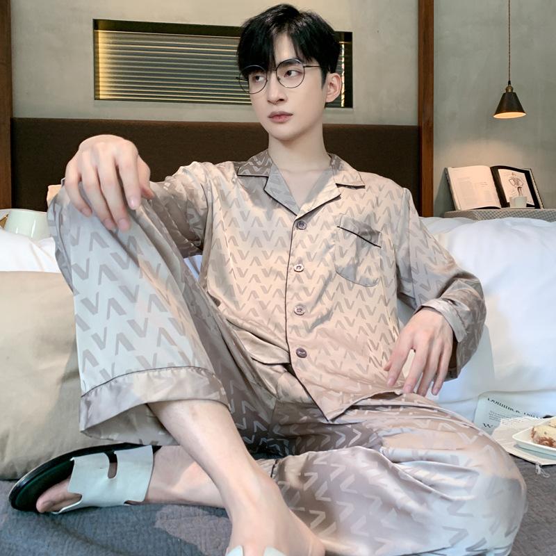 Jacquard Pajamas Suit Men Summer Ice Silk Shorts Sleepwear Set Thin Satin Loungewear Male Night Clothing