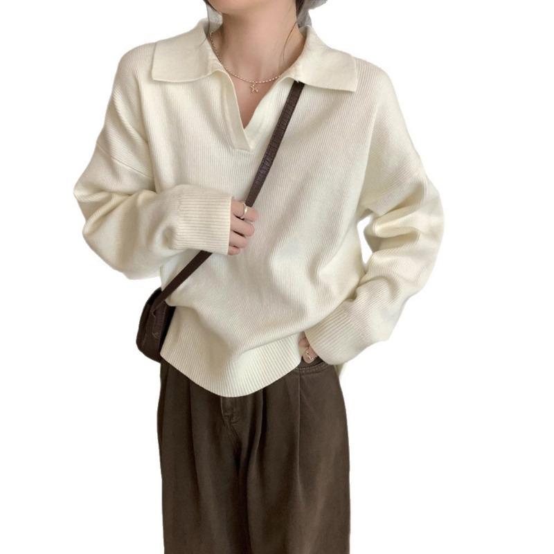 Simple polo neck sweater women's autumn and winter new lazy style casual temperament solid color lapel loose knitted sweater