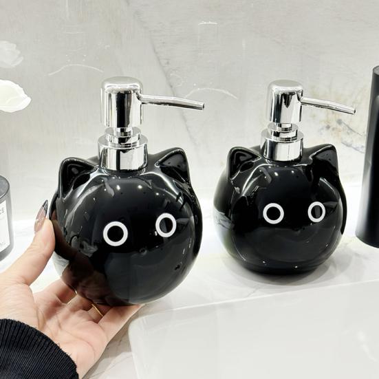 480Ml Ceramic Soap Dispenser Black Cat Design Lead-Free Soap Holder Cartoon Animal