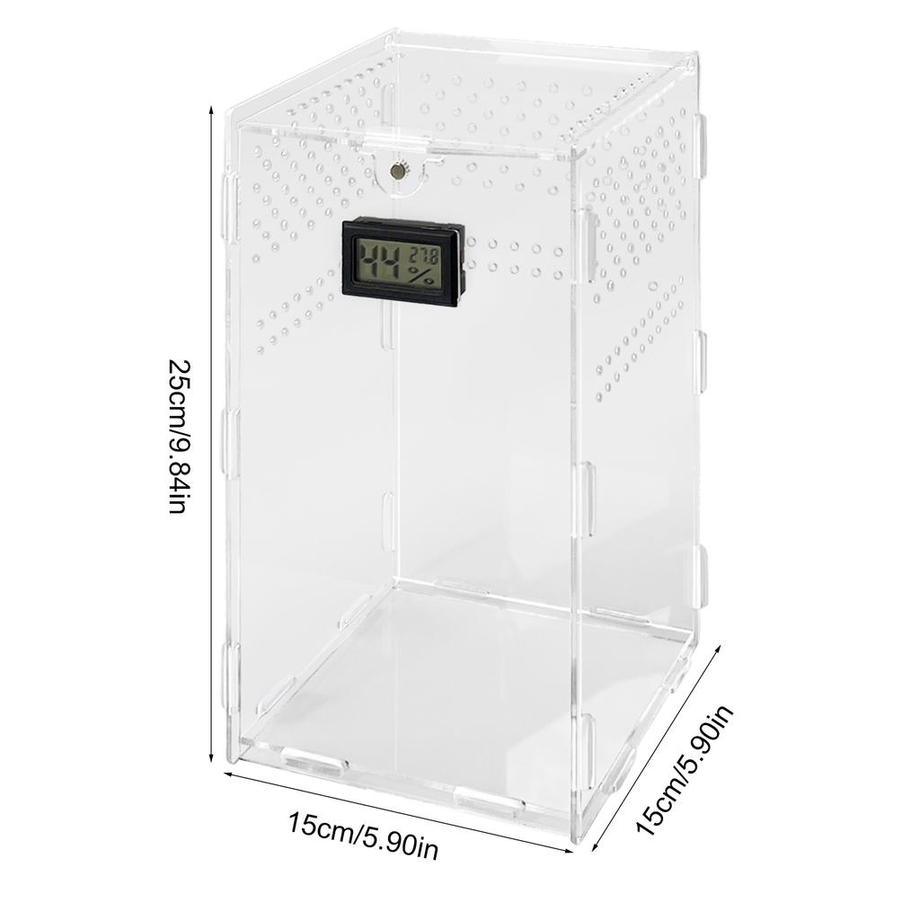 Insect Feeding Box Acrylic Transparent Cases with Temperature Hygrometer for Spiders Reptiles Lizards Centipedes