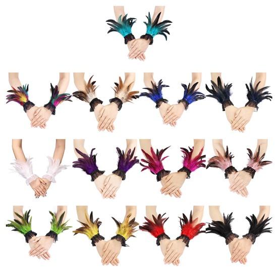 Women's Feather Wrist Cuffs Gothic Feather Fingerless Gloves Wristband Mesh Cuff for Halloween Cosplay Costume Accessories