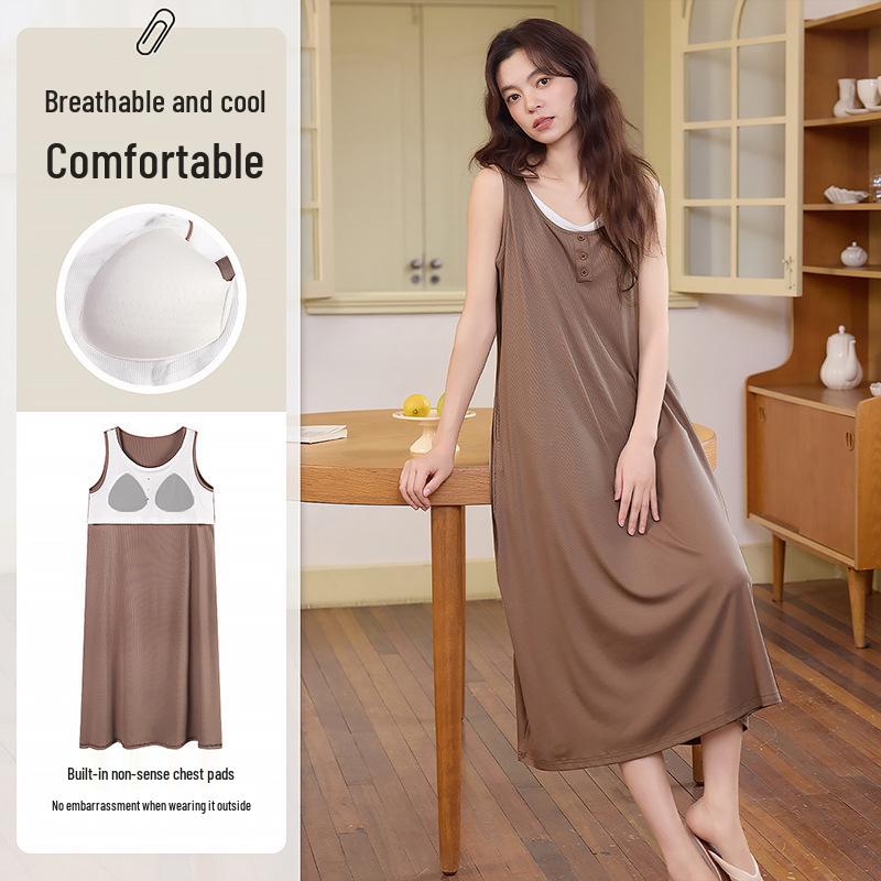 

2026 Summer Women s Casual Ice Silk Ribbed Tank Top Nightgown - Simple, Girly, Loose-Fit Home Wear, Outdoor-Ready M