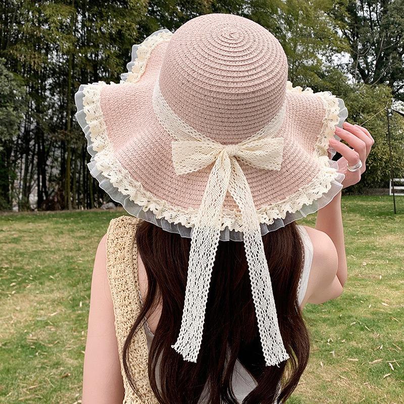 Summer Bow Sun Hat Female, Seaside Beach Vacation Sun Hat Outdoor Big Brim Sun Hat Sweet Straw Hat
