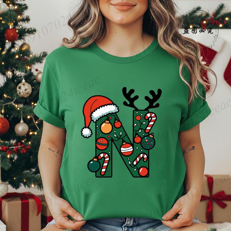 Fashion Printed T Shirt Festive Christmas Alphabet Letter with Santa Hat Women T Shirt Short Sleeves Crew Neck Female Clothes