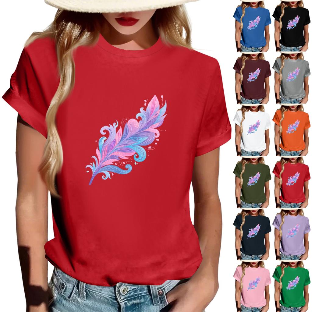 Women's Fashionable Round Neck Casual Retro Print Short Sleeved T-shirt Top