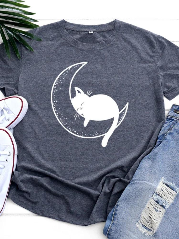 Cat Sleeping on Moon Print T Shirt Women Short Sleeve O Neck Loose Tshirt Summer Women Tee Shirt Tops Camisetas Mujer