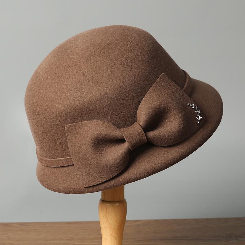 Hat lady autumn and winter wool bucket hat elegant bow decorative felt hat warm new basin hat