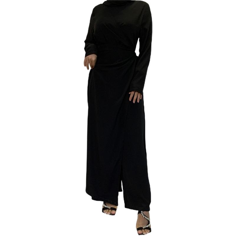 Muslimische Damenmode für Frische Einfarbige Overalls Kleider Abaya Dubai Türkei Islam Schnürung Hoher Bund Kleidung Langarm