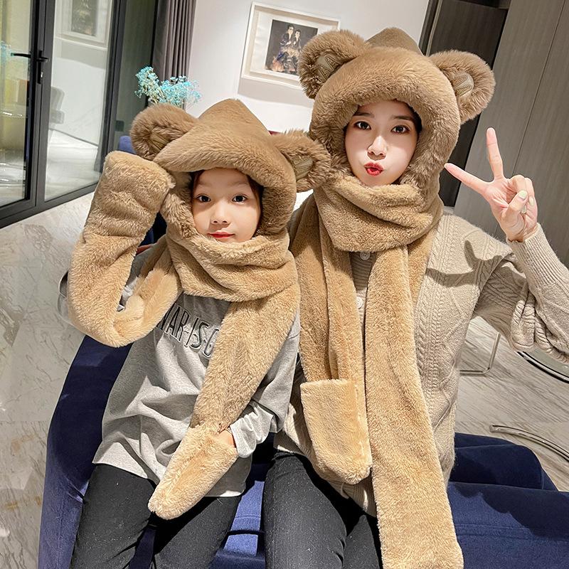 Plush hat female autumn and winter bear ears ear protection scarf gloves integrated thermal pullover windproof hat
