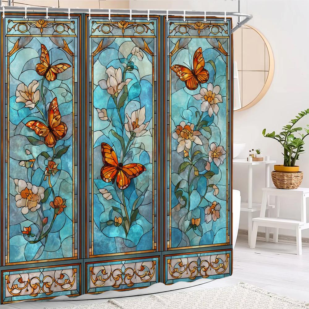 Nordic Butterfly Screen Pattern Shower Curtain,Flowers Shower Curtain,Printed Polyester Fabric Bathroom Decoration Curtain W60H190(CM)-1 Pcs