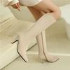 FOREADA Women Knee High Boots Pointed Toe Kitten High Heels Zipper Long Boots Ladies Fashion Shoes Autumn Winter Beige 46