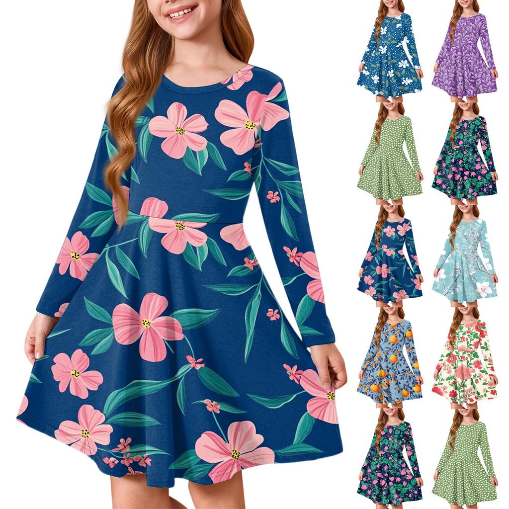 Girls' Summer Princess Dress - Long Sleeve A-Line T-Shirt Dress