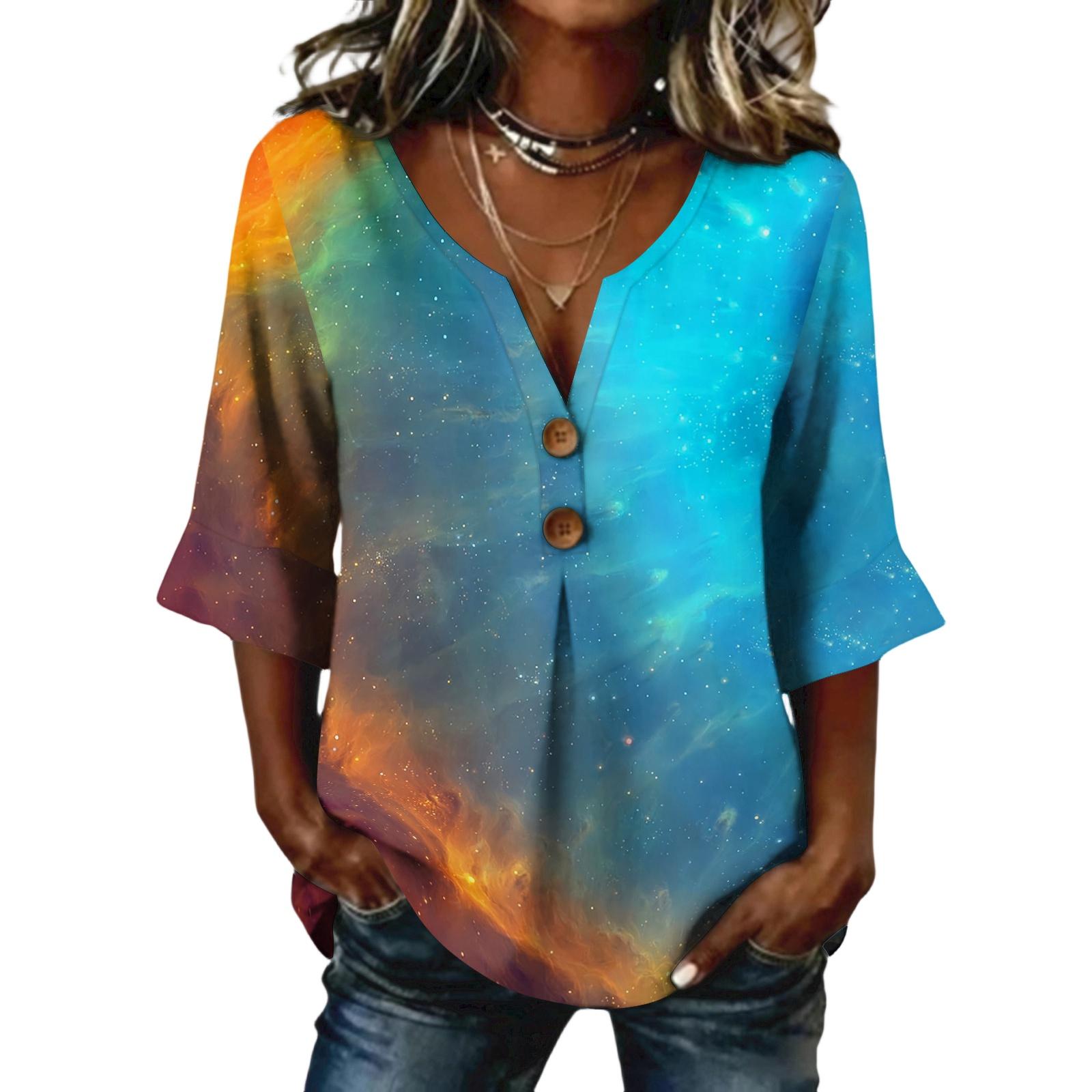 

Ladies cross dyed printed button casual V-neck fashionable seven quarter sleeve top XXL синий