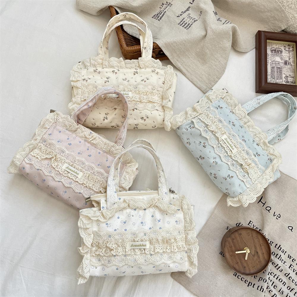 Lace broken flower canvas bag women's new fashion casual commuter tote bag lace edge handbag