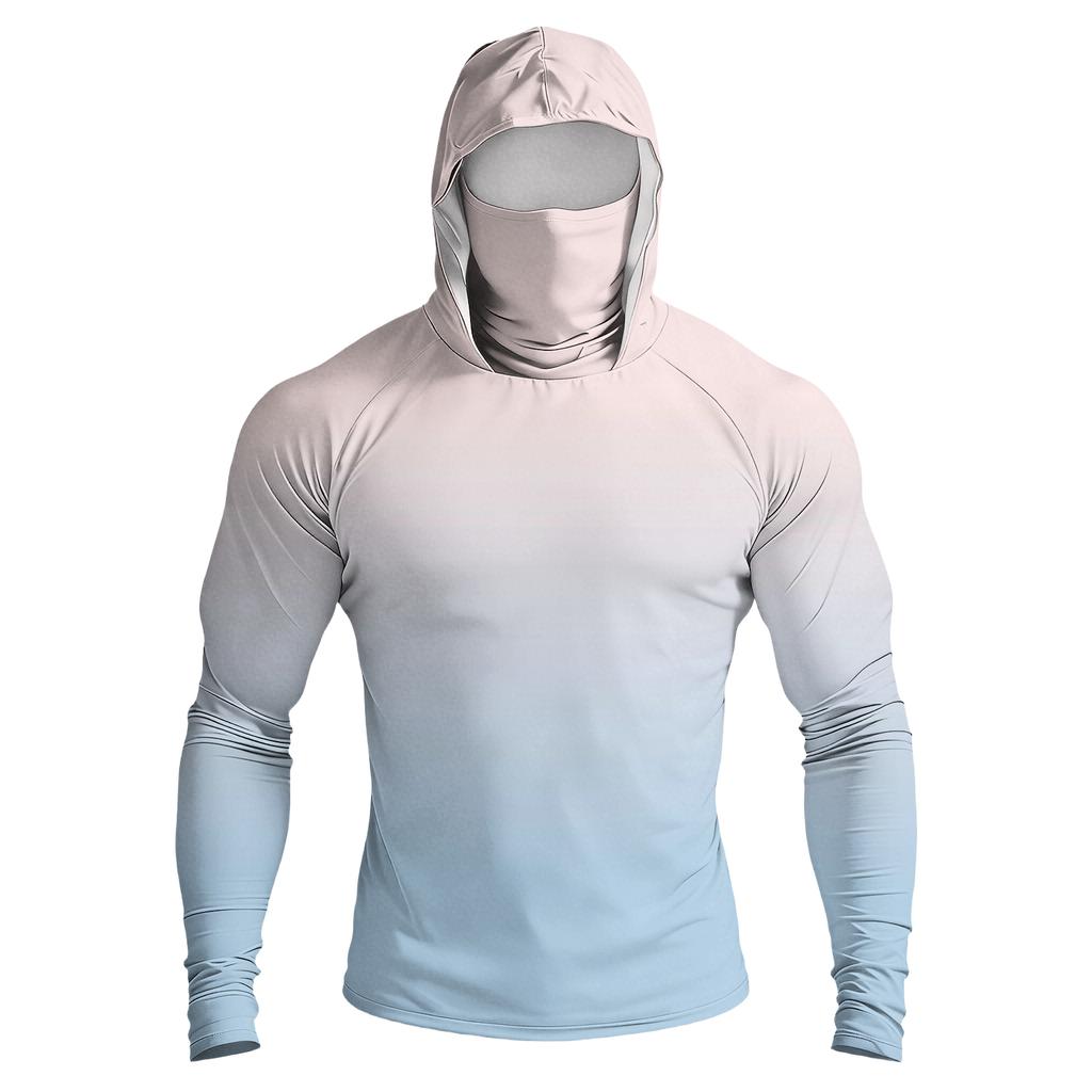 Men Raglan Sleeve Gradient Hooded Long Sleeve Sun Shirt Lightweight Pullover with Thumb Holes for Outdoor Activities